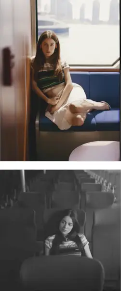 Molly Gordon sitting on a ferry boat. In the top image, she has her legs up on a bench and is listening to a vintage headset. She is wearing a striped Miu Miu shirt and white skirt. In the bottom image, she is sitting by herself looking off camera.