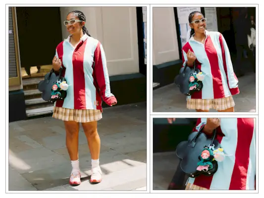 A woman wears striped sports shirt, checked skirt and flower bag in London