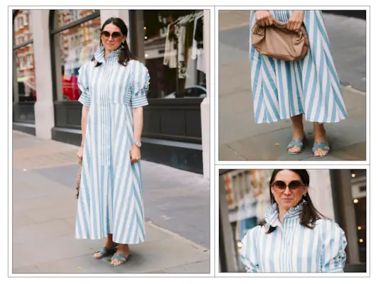 A woman wears a blue and white striped dress and blue sandals in London