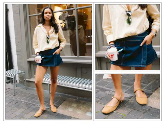 A woman wears a denim miniskirt with a lemon stripe shirt and tan mary janes in London