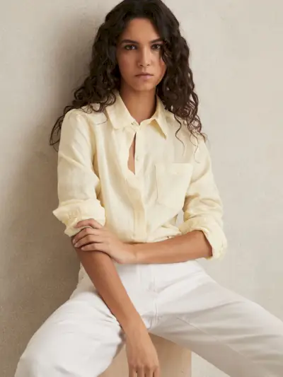 Linen Button-Through Shirt in Pale Yellow