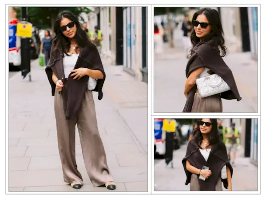 A woman wears satin trousers and ballet flats in London
