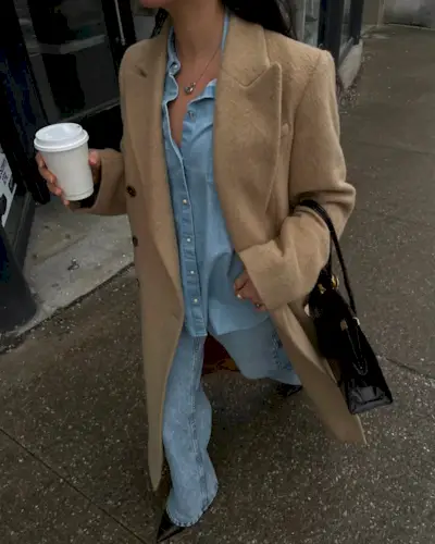 @sasha.mei wearing double denim, a long wool coat and boots