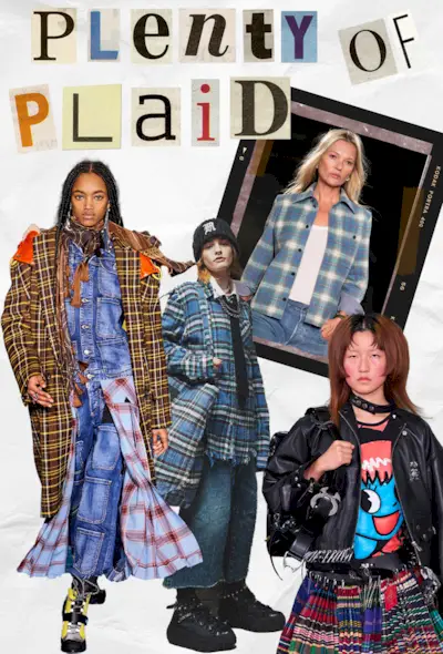 90s grunge fashion is shown in a collage with a photo of models wearing plaid jackets, plaid skirt, and printed flannel shirts
