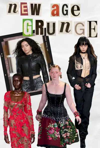 90s grunge fashion is shown in a collage with a photo of Charli XCX and runway photos with models wearing grunge-inspired looks