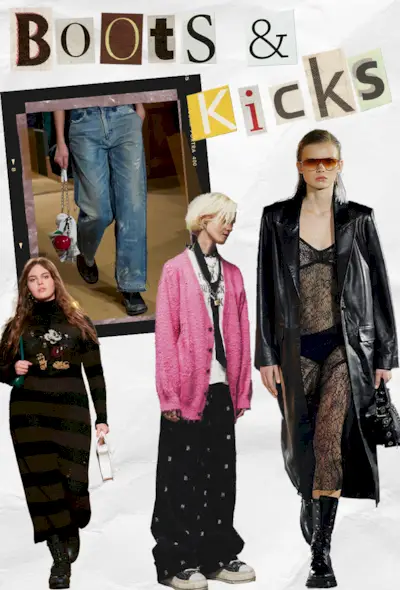 90s grunge fashion is shown in a collage with a photo of models wearing combat boots and low-top sneakers