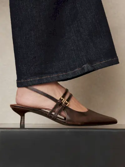 Leather Slingback Buckle Court Shoes in Chocolate