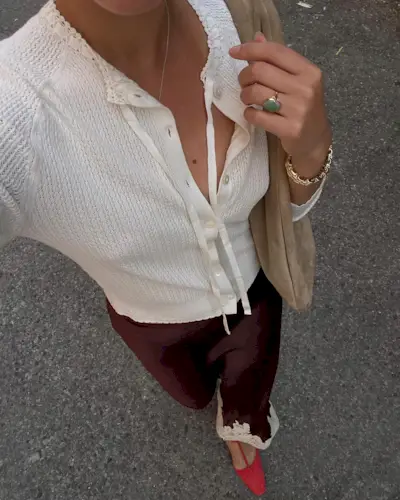 Shoes to wear with satin skirts: @sasha.mei wears red shoes with a rust satin skirt