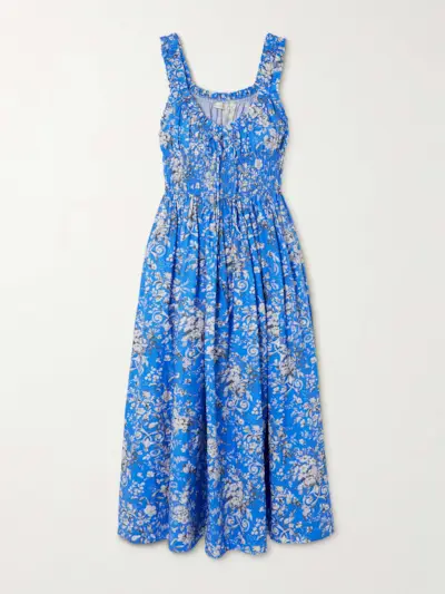 Emmaretta Shirred Floral-Print Organic Cotton-Voile Midi Dress