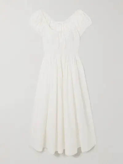 Quinn Tie-Detailed Shirred Organic Cotton-Poplin Midi Dress