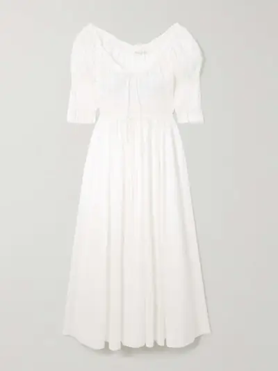 Ischia Shirred Organic Cotton-Voile Midi Dress