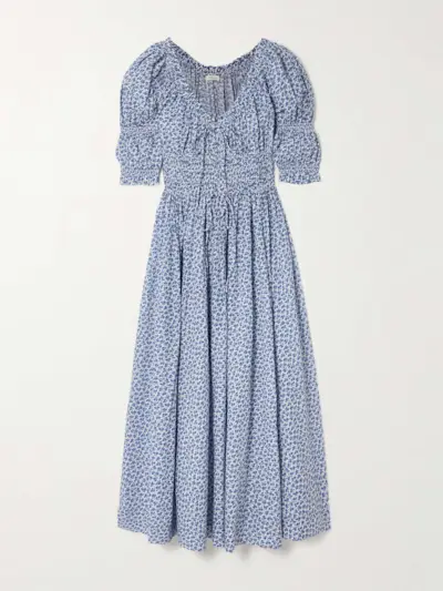 Ischia Shirred Floral-Print Organic Cotton-Voile Midi Dress