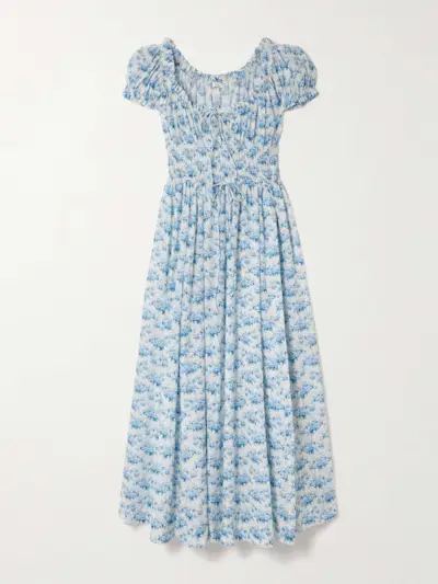 Ashlynn Tie-Detailed Shirred Floral-Print Organic Cotton-Voile Midi Dress