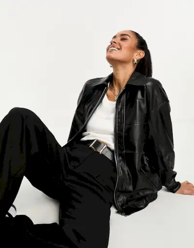 ASOS Design Faux Leather Bomber Jacket With Collar in Black