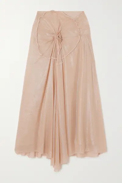 Draped Appliquéd Metallic Tulle Midi Skirt