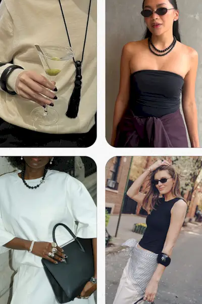 jewelry trends summer 2025 shown in a collage of photos of women wearing onyx jewelry
