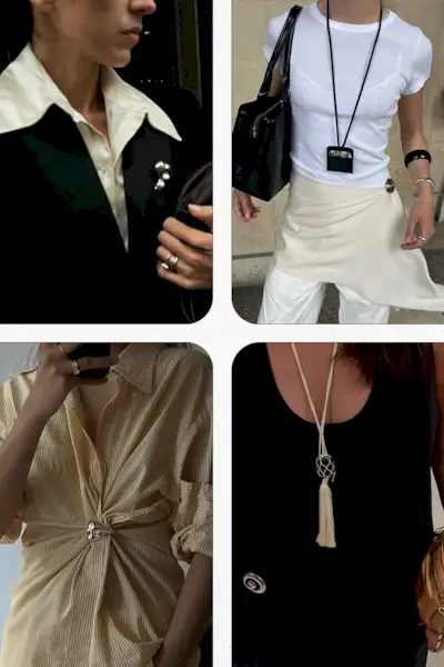 Jewelry trends summer 2025 is shown in a collage of photos of women wearing brooches