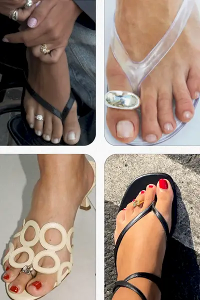 Jewelry trends summer 2025 are shown in a collage of photos of women wearing toe rings