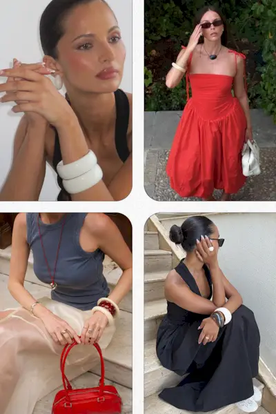 jewelry trends summer 2025 shown in a collage of photos of women wearing resin bangles