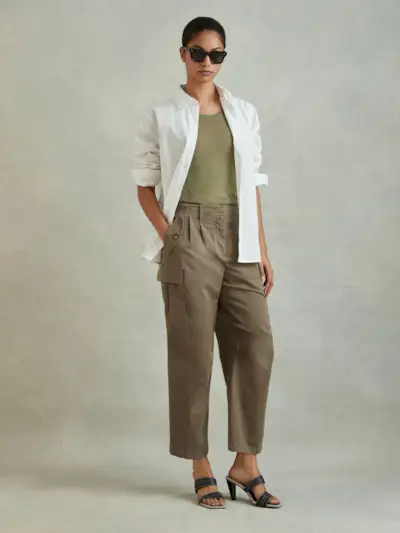 Cotton Blend Tapered Combat Trousers in Khaki