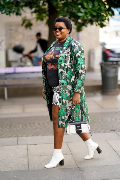 Woman wearing a long coat with a T-shirt, a miniskirt, and ankle boots.