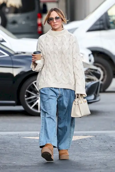 Jennifer Lopez wears a white cable knit sweater, blue jeans, platform Ugg boots, and a white Hermes bag.