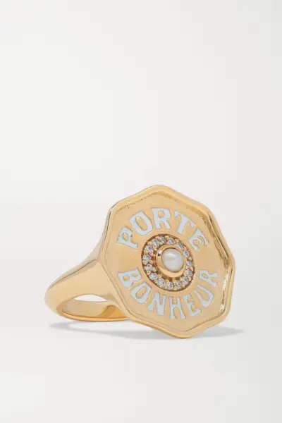 Marlo Laz + Porte Bonheur 14-Karat Gold, Enamel, Pearl and Diamond Ring