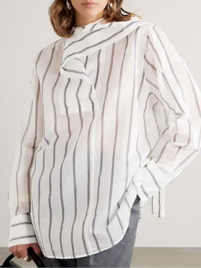 Scarf-Detailed Striped Cotton and Silk-Blend Organza Blouse