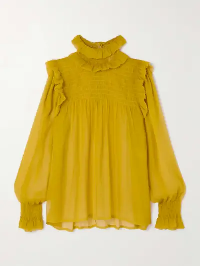 Smocked Ruffled Silk-Crepon Blouse
