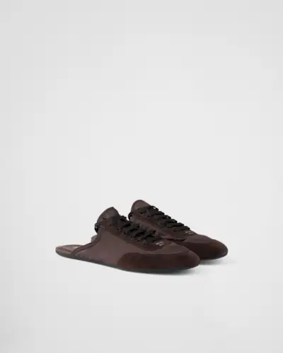 prada, Collapse Re-Nylon and Suede Mules