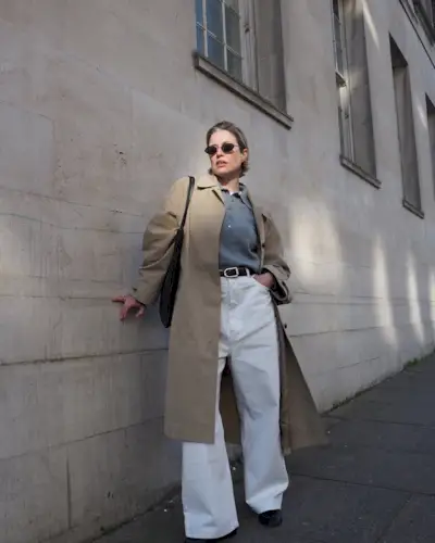 Alexis in a trench and white jeans