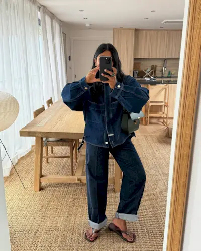 Monikh in double denim and flip flops