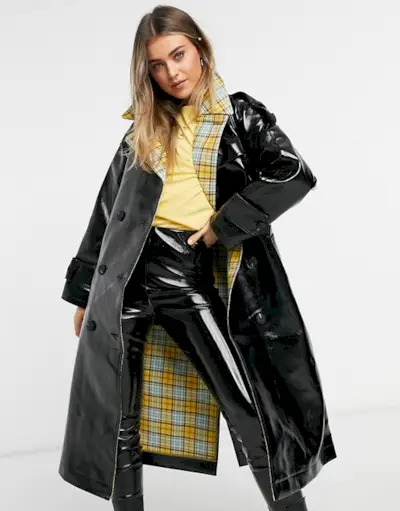 ASOS Design + Plaid Bonded Vinyl Trench Coat in Black