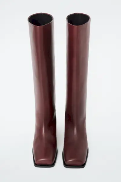 Square-Toe Leather Knee-High Boots