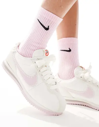 Nike Cortez Leather Trainers in Off-White and Pink