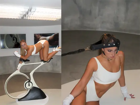 Tate McRae wears vintage Tom Ford for Gucci S/S 00 bodysuit and Zellous heels.