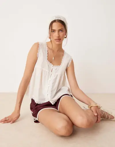 Asos Design Cotton Baby Doll Lace Trim Cami Top in Ecru