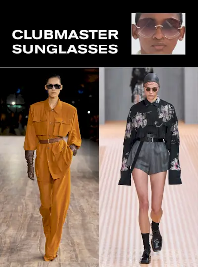 A collage of clubmaster sunglasses seen on the runways at shows like Zimmermann, Saint Laurent, and Prada.