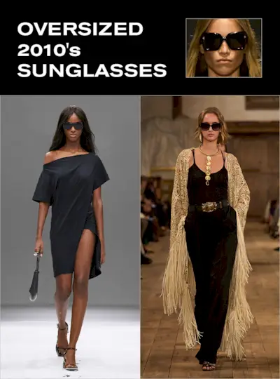 A collage of oversized 2010 sunglasses seen on the runways at shows like Courreges, Ralph Lauren, and Tom Ford.