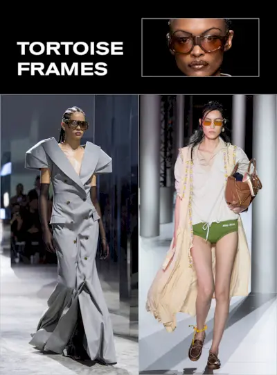 A collage of tortoise-frame sunglasses seen on the runways at shows like Andreadamo, Miu Miu, and Luar.