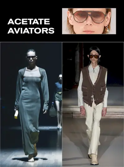A collage of acetate aviator eyewear seen on the runways at shows like Khaite, Efants Deprimes, and Philosophy di Lorenzo Serafini.