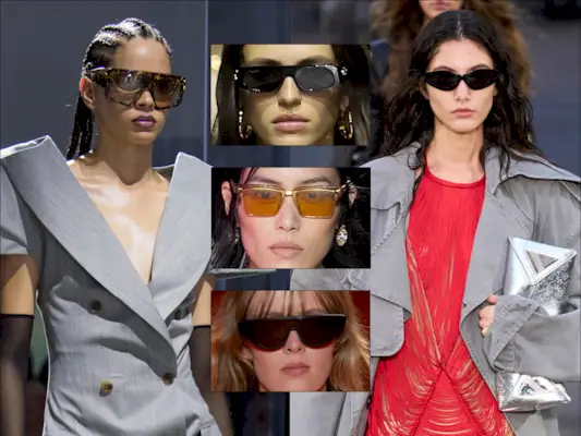 A collage of eyewear on the runways from Luar, The Attico, Louis Vuitton, Miu Miu, and Gucci.