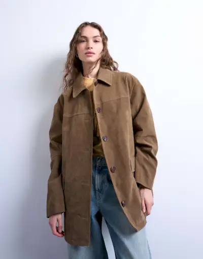 Topshop Mid Length High Break Faux Suede Jacket in Brown