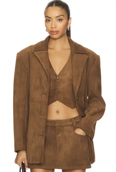 woman wearing brown suede jacket trend