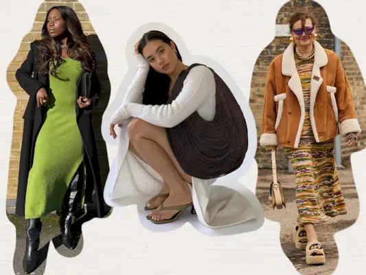 a collage of sweater dress outfits