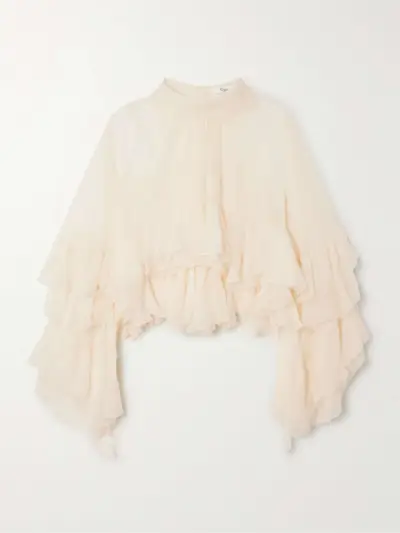 Ruffled Tiered Silk-Mousseline Turtleneck Blouse