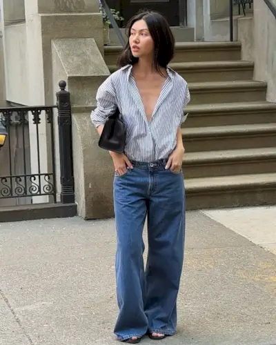 Summer Outfit Ideas 2025: @mimixn wears loose jeans and a blue stripe shirt