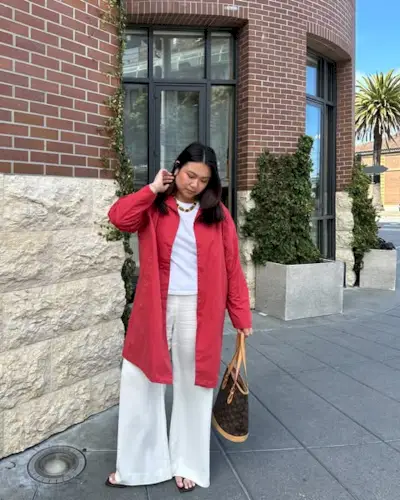 Summer Outfit Ideas 2025: @marina_torres wears a red linen shirt and wide-leg trousers