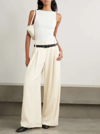 Double Loop Pleated Crepe Wide-Leg Pants