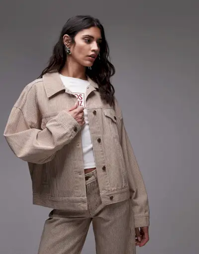 Topshop Balloon Denim Jacket in Tan Stripe